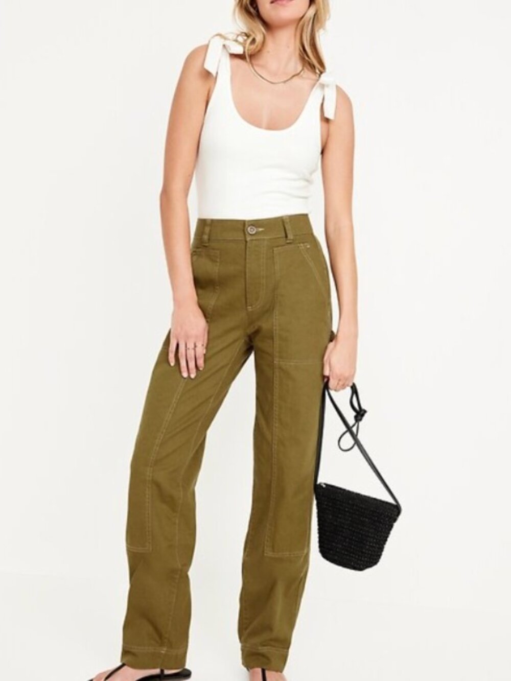 Old Navy High-Waisted Utility Pants Hammer Loop Satin Moss Green Women's Size 8 - Picture 2 of 6